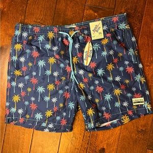BEACH BROS Mens Palm Tree Swim Shorts Navy Blue Multi Tropical 6.5" In XXL